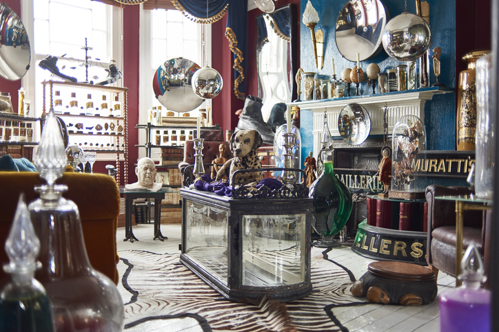 Interior view of an antique shop display floor.