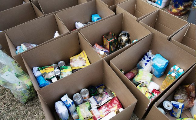 Collected canned goods in boxes