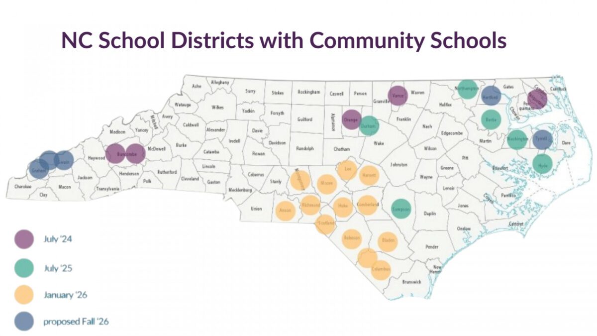 Photo of the North Carolina state map showing several different school districts.